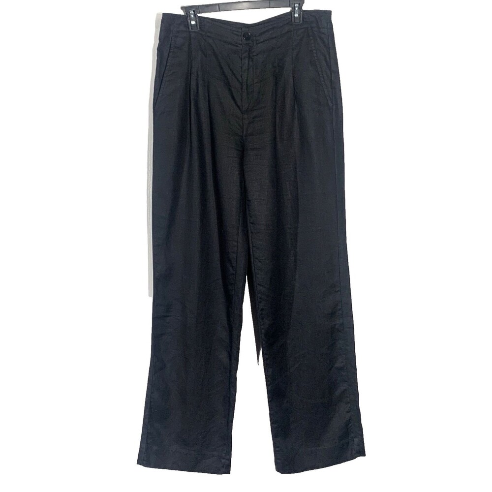 Banana Republic 100% Linen Wide Leg Pants 12L Black Tall High Rise Pleated Work